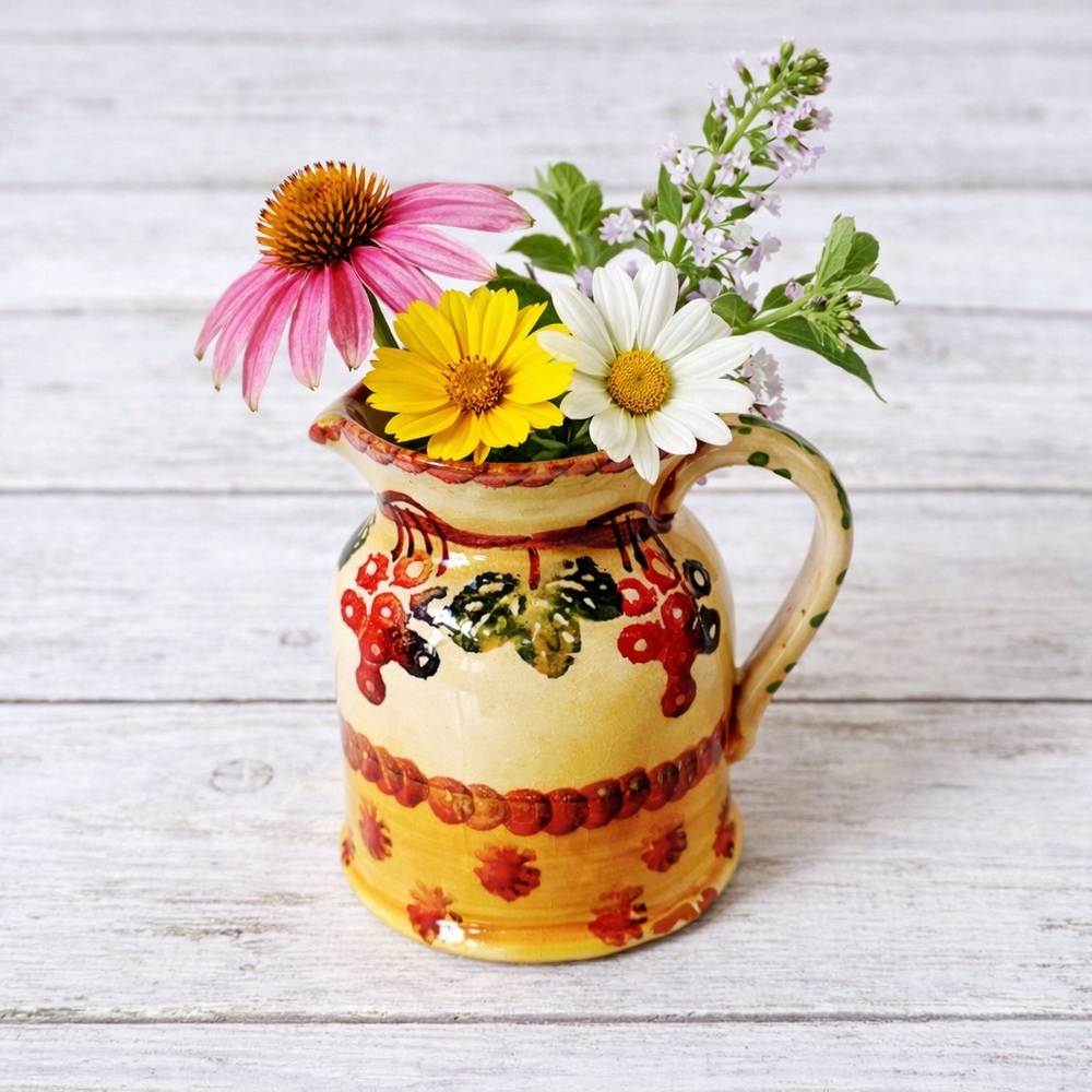 Colorful Vintage Floral Ceramic Pitcher or Vase, lots of uses